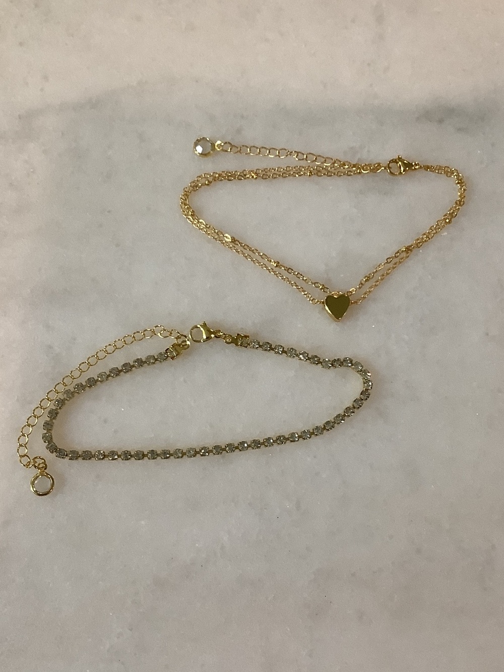 Layered Gold Heart and Crystal Anklet Duo, Brand New